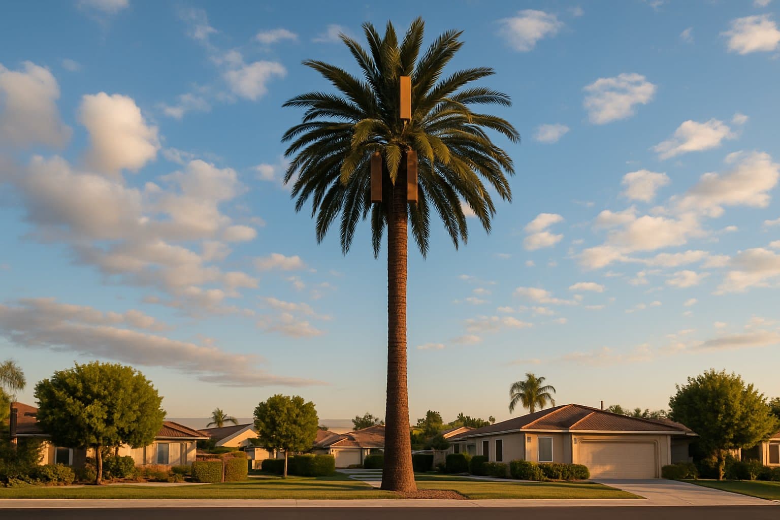 Stealth cell tower disguised as a palm tree in a suburban Southern California setting