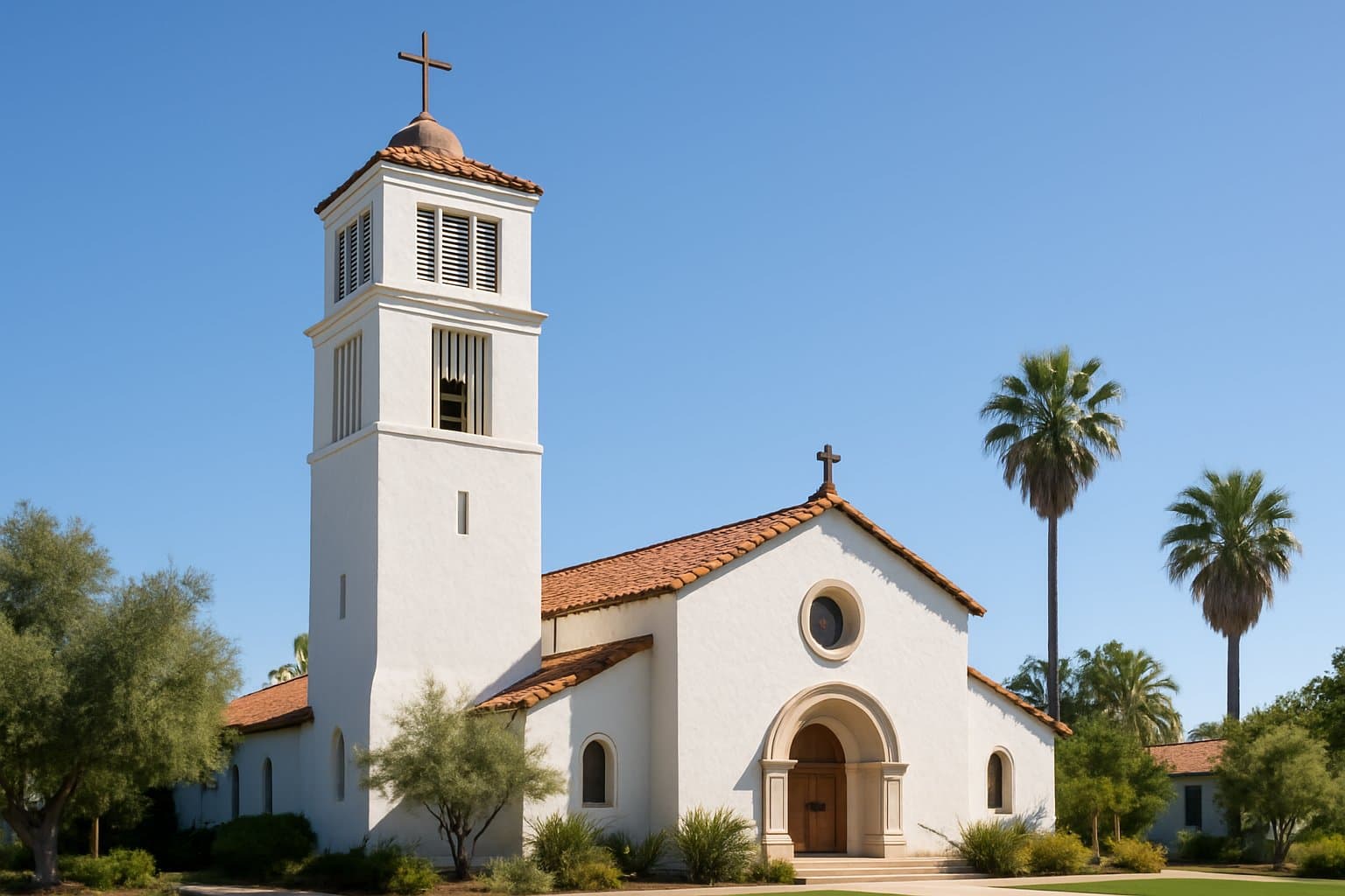 Mission-style church steeple with cellular antennas concealed behind louvered bell-tower openings