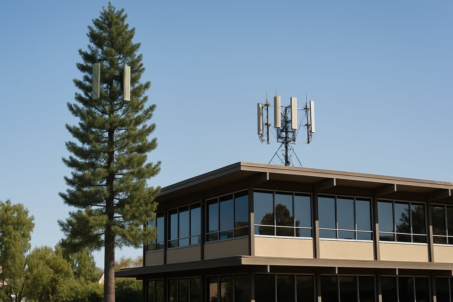 Cellular antenna tower at sunset with stylized RF exposure contour rings over a coastal urban skyline